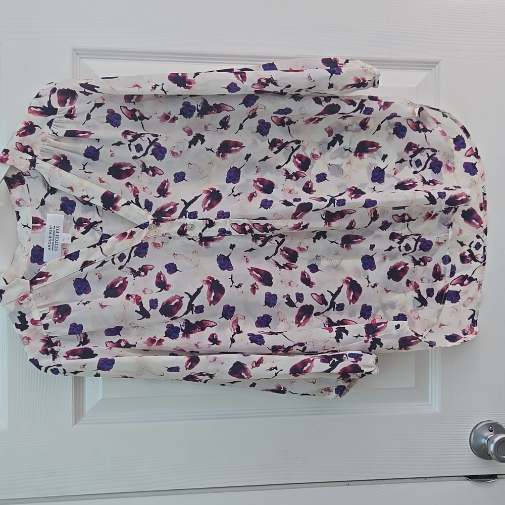 Amour Vert white silk blouse, pink & purple abstract flowers